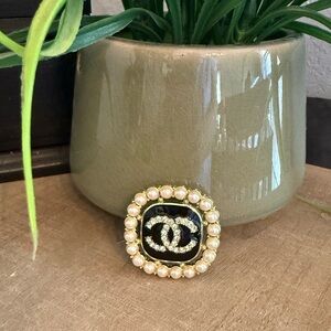 Gold Tone Pearl & Black Enamel CC Style Statement Brooch